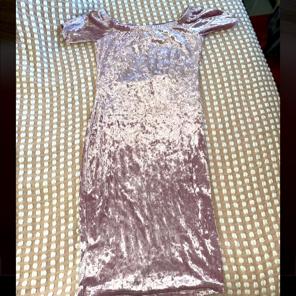 Long below the ankle off the shoulder velvet material blush pink dress